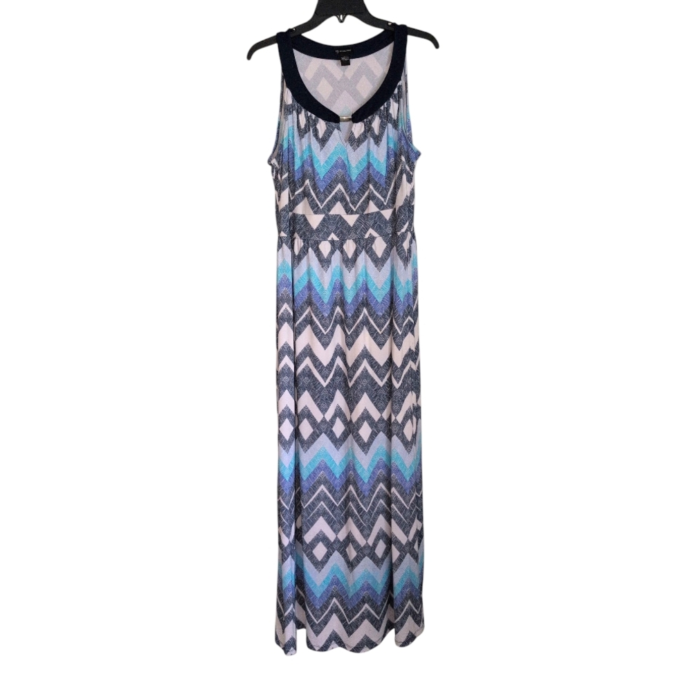 New Directions Size Large Chevron Pattern Maxi Dress - Blue and Gray